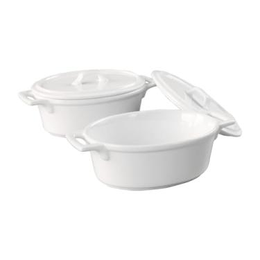 Imagem de jinsongdafa Conjunto de mini cocotte oval de cerâmica, caçarola pequena de 500 g com tampas e alças, ramequins individuais para assar, forno, micro-ondas e lava-louças (branco, 18 cm)