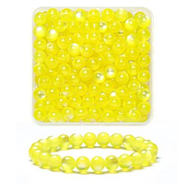 Imagem de 100 peças de contas de olho de gato lisas naturais amarelas de 8 mm, contas redondas soltas de pedra preciosa para fabricação de joias com cordão elástico de cristal (cor 1)