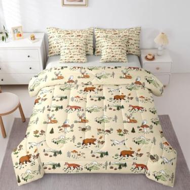 Imagem de Feelyou Conjunto de edredom com 7 peças, tamanho solteiro, rústico, chalé, camarote rústica, para crianças, meninos, meninas, urso campestre e veado, decoração de quarto de animais da floresta