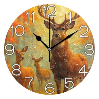 Imagem de GAIGEO Relógio de parede analógico decorativo floresta outono laranja escritório cozinha relógio operado a bateria, decoração de parede de meados do século sala de estar, 25 cm, ponteiros pretos