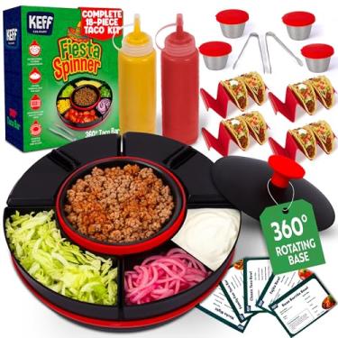 Imagem de KEFF Kit Taco Tuesday com bandeja giratória Lazy Susan, centro aquecido, 4 suportes de taco, copos de condimento, garrafas de espremer, cartões de receita, pinças