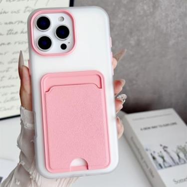 Imagem de HTVJFXCapa para iPhone 15 2 em 1 com porta-cartões, compartimento para fotos, acabamento fosco, cor sólida e resistente a impactos (para iPhone 15/Rosa)