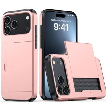 Imagem de HTVJFXCapa para iPhone 15 Plus com porta-cartões e proteção contra impactos (Para iPhone 15 Plus/Ouro rosa)