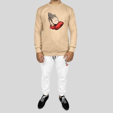 Imagem de Conjunto Calça e Blusa Moletom Careca Sem Capuz Algodão Reze, GG, Bege