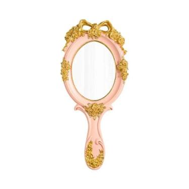 Imagem de Espelho De Maquiagem Vintage Barroco Com Cabo Retro Para Salão De Bele