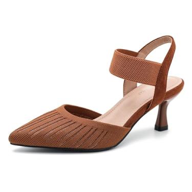 Imagem de Enelauge Sandália feminina de bico fino, salto baixo, tecido de malha, com tira elástica no tornozelo, bico fechado, sem cadarço, confortável, para casamento, formatura, Marrom, 41