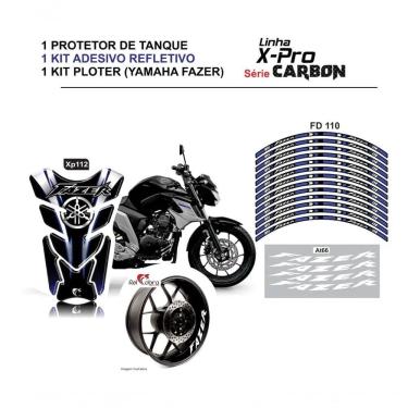 Imagem de Combo Protetor Adesivo Tanque e Aro para Moto Yamaha Fazer Azul e Preto com Frisos de Roda