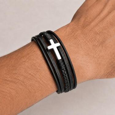 Imagem de Bracelete Pulseira Masculina Couro Luxo Religiosa Cruz - Prateado - VI