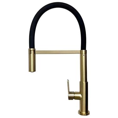 Imagem de Torneira de pia misturadora preta mate com cabeça de pulverização de arco alto furo único alça única pulverizador de encaixe torneira de cozinha, ouro escovado, china