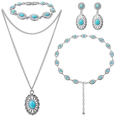 Imagem de Conjunto de joias turquesa 4 peças, colar turquesa, brincos e pulseira turquesa vintage, joia boho cinto ajustável ocidental para mulheres, one size, Ferro Turquesa
