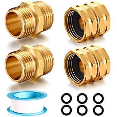 Imagem de YELUN Conector adaptador de conectores de mangueira de jardim de latão sólido para reparo de latão pesado macho para macho, acoplador de líder de torneira fêmea conector duplo de mangueira de água (3/4" GHT macho duplo fêmea dupla de 4 peças)