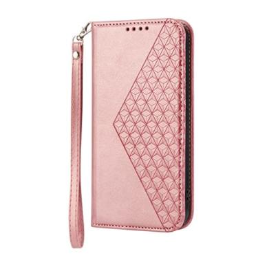 Imagem de DENSUL Capa de couro para iPhone 14/14 Pro/14 Plus/14 Pro Max, capa carteira de cartão, capa flip magnética, pulseira anti-queda TPU pára-choques à prova de choque diamante pressão, rosa, 14 Plus 6,7 polegadas