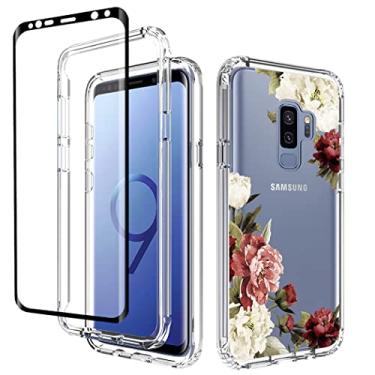 Imagem de Yodueiv Capa para Galaxy S9 +, capa Samsung S9 Plus G965U com protetor de tela de vidro temperado, capa protetora de telefone com padrão floral bonito transparente de corpo inteiro para Samsung Galaxy S9 Plus (flor)