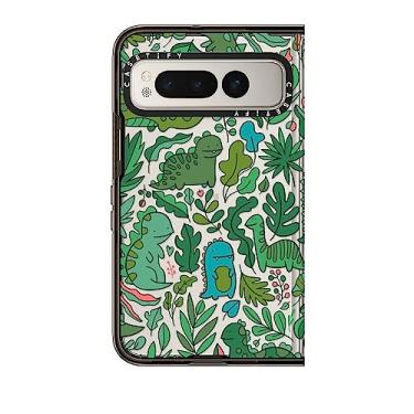 Imagem de CASETiFY Capa Impact Google Pixel Fold [proteção contra quedas de 1,3 metros/compatível com Magsafe] - Dinossauros verdes engraçados. Dinossauros fofos - preto transparente