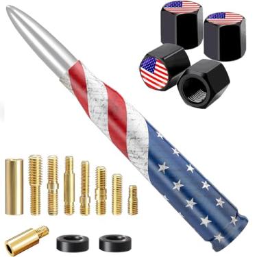 Imagem de Antena Bala de Carro com Bandeira Americana com Tampas de Haste de Válvula, Mastro de Antena Universal para GM Chevy Silverado 1500 2500 3500 HD Avalanche Ford F150 F250 F350 Acessórios para Caminhonete Jeep (Prata)