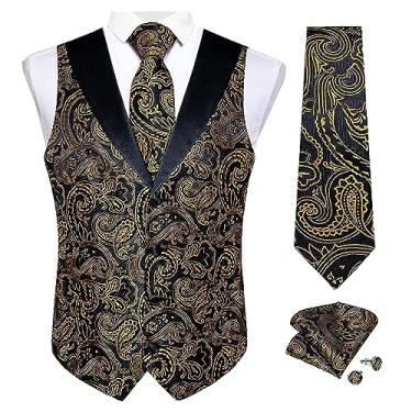 Imagem de DiBanGu Terno masculino de casamento Paisley colete colete gravata e bolso abotoaduras quadradas formal, Ouro preto 0220, M