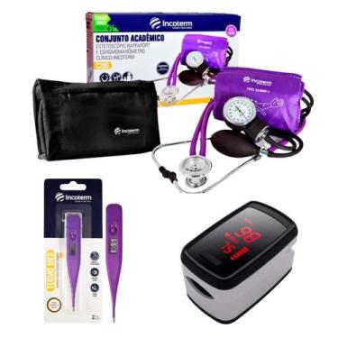 Imagem de Kit Estetoscópio Esfigmo Termômetro e Batimentos Roxo - Incoterm