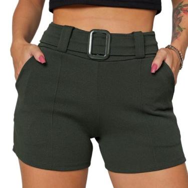Imagem de Shorts Feminino Cinto Fivela Bermuda Malha Crepe Bolso Social Cintura 