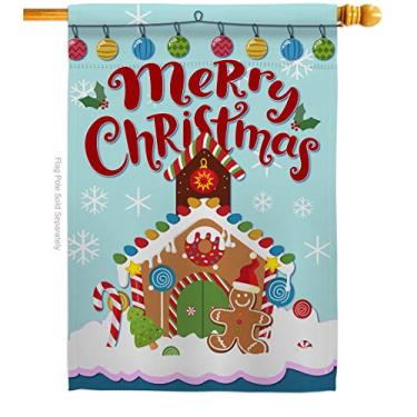 Imagem de Breeze Decor Bandeira de Natal de casa de gengibre, presente de Natal, Papai Noel, presente de Natal, renas e inverno, decoração de neve, pequeno jardim, presente de quintal, dupla face, feito nos EUA