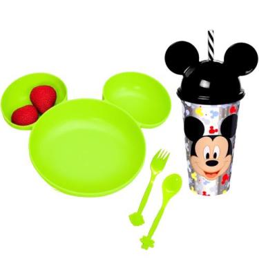 Imagem de Kit Alimentação infantil Prato e Copo com Canudo e Orelhas do Mickey -