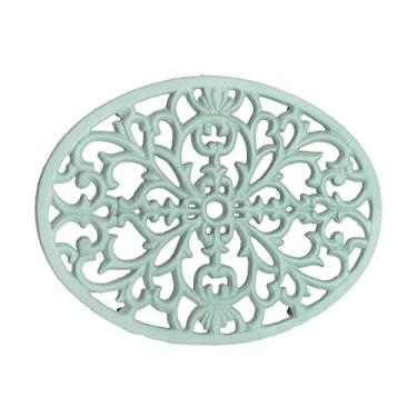 Imagem de Sumnacon 1 Peça De Descanso Panela Oval Ferro Fundido - Metal Antigo Resistente Ao Calor Para Panelas E Bules Quentes, Prato Vintage Bem Feito, Mesa Jantar Bancada Cozinha, Verde