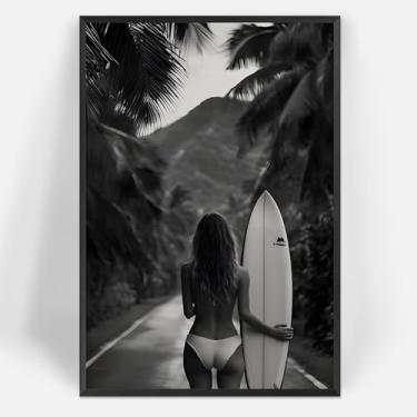 Imagem de Biquíni preto e branco, pôsteres em tela de surfista feminino, verão, litoral, menina, surfe, arte de parede, pintura para decoração de parede de banheiro, 20 x 30 cm, sem moldura