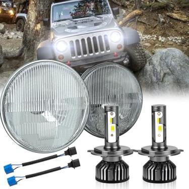 Imagem de HMCYCI Farol redondo H6024 de 17,8 cm H6024 carcaça de vidro de feixe selado + lâmpadas de farol LED H4/9003, intercâmbio: H6024 6014 7 polegadas redondo 17.8 cm 178 mm 178 mm PAR 56, pacote com 4