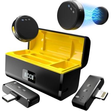 Imagem de Microfone de lapela sem fio para iPhone/Android com Lightning/USB C (2 TX+2 RX+estojo de carregamento), mini microfone com cancelamento de ruído, bateria 35H, microfone de lapela com clipe