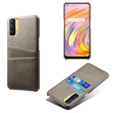 Imagem de Capas Compatível com OPPO Realme V15 5G,tampa protetora de couro falso,design de saco de cartão com 2 fendas de cartão atrás,proteção anti-impressão digital e anti-gota-Grey