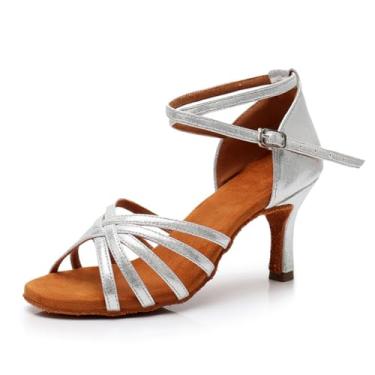 Imagem de MSMAX Tênis feminino de dança de salão para prática em ambientes fechados, sapatos de dança latina para mulheres, Salto prateado de 7 cm, 8 Narrow