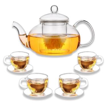Imagem de Conjunto de bule de chá de vidro com infusor removível, chaleira de vidro Atarvana de 600 ml com infusor de chá solto, conjunto de 4 xícaras de chá e pires de 100 ml, elegante conjunto de presente de