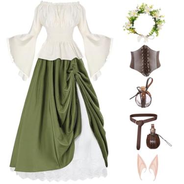 Imagem de Mprocen Conjunto de fantasia de fada medieval, 7 peças, vestidos renascentistas, elfos, adultos, cosplay, acessórios para orelhas, vestido de Halloween, Clássicos, G