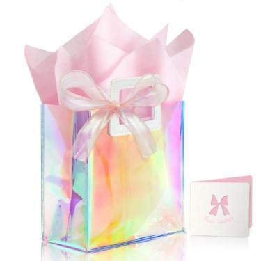 Imagem de KeerxunBag 1 pacote de sacos de presente holográficos com alças e 2 folhas de papel de seda – Sacos reutilizáveis transparentes iridescentes para mulheres, meninas, aniversários, casamentos, bolsa de