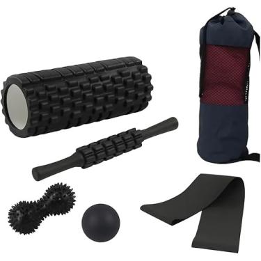Imagem de Kit de Yoga e Pilates 5 Peças Com Rolo Massageador, Bola, Bloco e Faixas de Exercício, Preto.