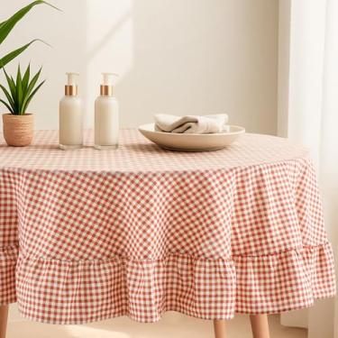 Imagem de Mindsoft Toalha de mesa xadrez marrom com babados de algodão e linho redonda toalha de mesa clássica fazenda vintage xadrez búfalo decorativa para festa de férias ao ar livre em casa (187 x 177 cm)