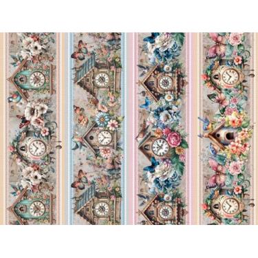 Imagem de Tricoline Digital Barrado Relógio de Parede e Flores - 98882 - Ponto X