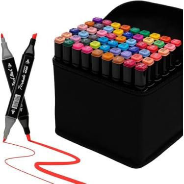 Imagem de Kit 60 Canetinhas Coloridas ponta dupla com cores vibrantes para desenho, lettering e estudos. Estojo premium, tinta durável e secagem rápida para artistas e estudantes.