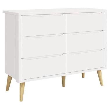 Imagem de Cômoda Infantil 6 Gavetas Retrô Theo Branco Acetinado Com Pés Natural 