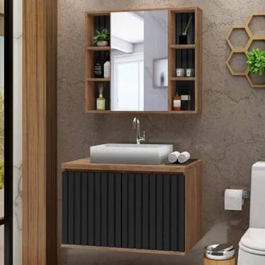 Imagem de Conjunto Gabinete Banheiro Ripado 80cm C/ Cuba e Espelheira - Rainha d