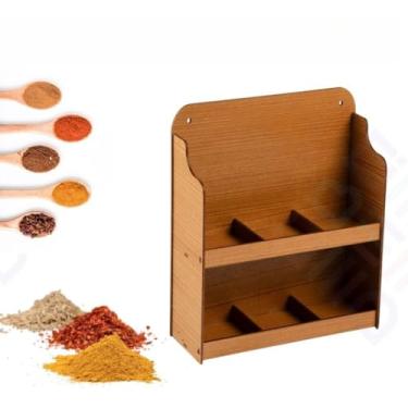 Imagem de Prateleira Porta Condimentos Suporte Em Madeira Porta Tempero de Parede 12 Potes de Plástico(PEQUENO (SEM 6 POTES) Caramelo)