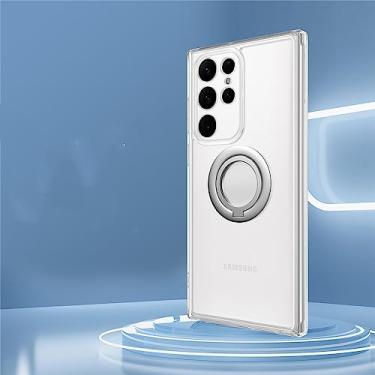 Imagem de Capa de telefone para PC rígida translúcida fosca fosca para Samsung Galaxy S23 Ultra S22 Plus S23 Capa de suporte de anel, branco transparente, para Samsung S23Ultra