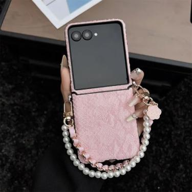 Imagem de Capa para Galaxy Z Flip6 com estampa de cobra, capa de couro sintético com pingente de flor e pulseira (para Galaxy Z Flip6/rosa)
