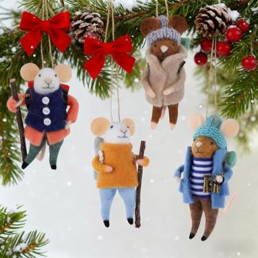 Imagem de Watereem Conjunto de 4 enfeites de rato de feltro de Natal, mini ratos de mochila de 12,7 cm para pendurar guirlanda de árvore de Natal, decoração de mesa de Natal de lã, artesanato com animais para