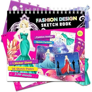 Imagem de Fashion Dresses Design Sketchbook - Designer Kits for Girls, 100+ Stickers, 40 Sketching Pages, Fashion Coloring Book for Girls, 5 Big Stencils - Creative Art Gift for 6 7 8 9 + Year Old Girl