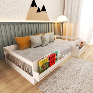 Imagem de Cama Infantil Montessoriana Solteiro com Revisteiro e Organizador Tamiê Branco