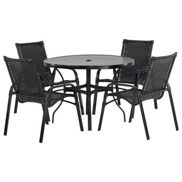 Imagem de Jogo 4 Cadeiras Alumínio e Mesa Tampo Ripado 100cm Diâmetro para Área Jardim Varanda Piscina Emily Preto
