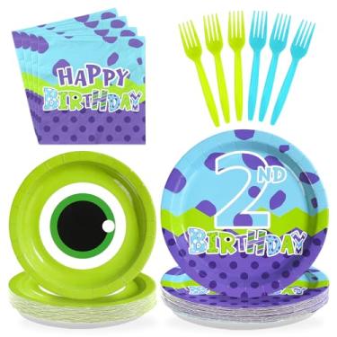 Imagem de Greencian 96 peças de artigos de festa de aniversário de monstro, 2º monstro, pratos e guardanapos descartáveis de desenho animado verde e roxo para crianças, decorações de chá de bebê de 2º