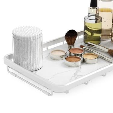 Imagem de Organizador elegante para banheiro, cozinha ou cafeteria, prateleira de metal de 2 camadas com mármore sintético, armazenamento de maquiagem de bancada, prateleira de exibição de perfume de cômoda