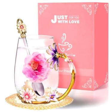 Imagem de Wisolt Copo de chá de flor de vidro com colheres de chá elegante borboleta xícara de chá para café, chá, suco, leite ideias de presente para mulheres, mãe, esposa, amiga, professor, formatura, Natal, Dia das Mães