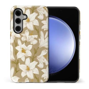 Imagem de Capa compatível com Samsung Galaxy S24, capa rígida híbrida de policarbonato de 2 camadas + capa protetora de silicone, lírios brancos resistente a arranhões à prova de choque para Samsung Galaxy S24